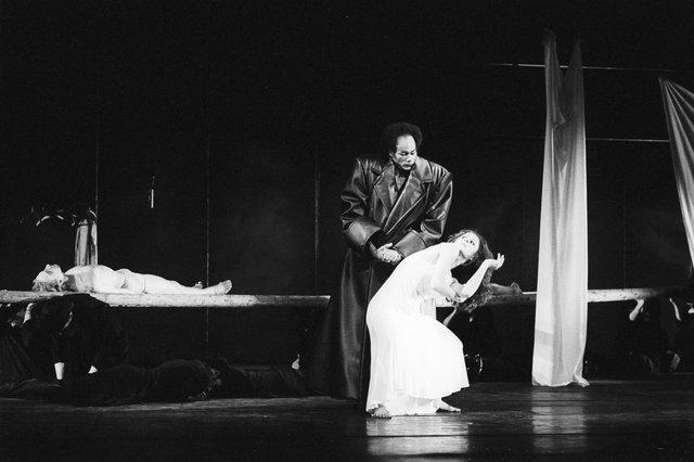 Dominique Mercy, Malou Airaudo and Carlos Orta in “Iphigenie auf Tauris” by Pina Bausch at Opernhaus Wuppertal, April 20, 1974
