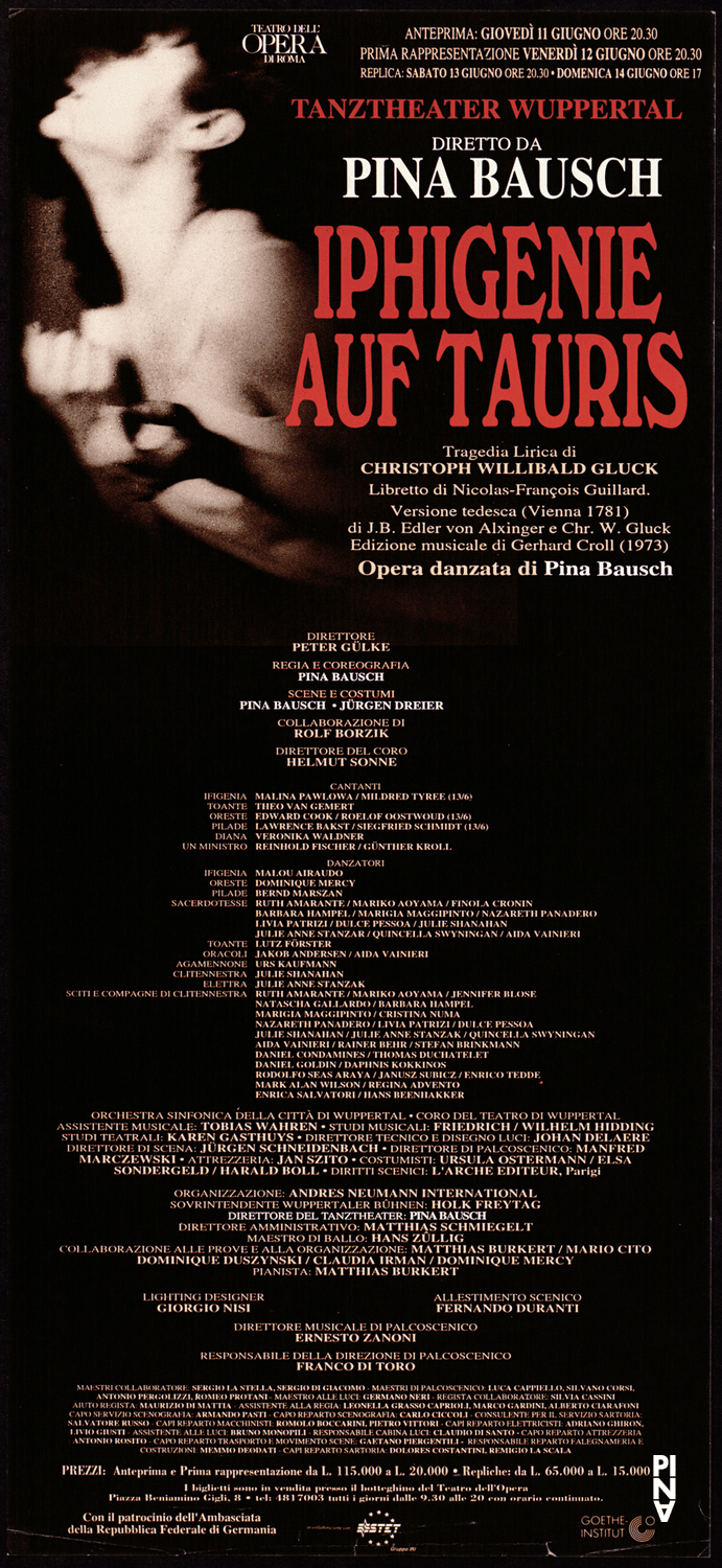 Plakat zu „Iphigenie auf Tauris“ von Pina Bausch in Rom, 12.06.1992–14.06.1992