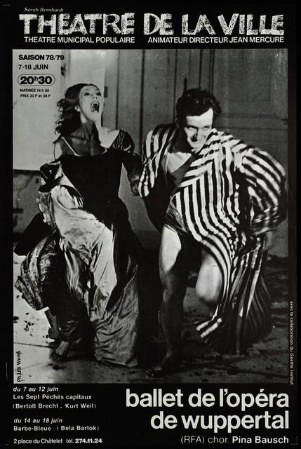 Plakat zu „Blaubart.  Beim Anhören einer Tonbandaufnahme von Béla Bartóks Oper »Herzog Blaubarts Burg«“ und „Die sieben Todsünden“ von Pina Bausch in Paris, 07.06.1979–18.06.1979