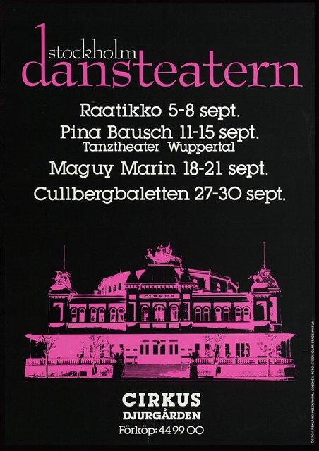 Affiche de « 1980 – Une pièce de Pina Bausch » et « Kontakthof » de Pina Bausch à Stockholm, 11 sept. 1984 – 15 sept. 1984