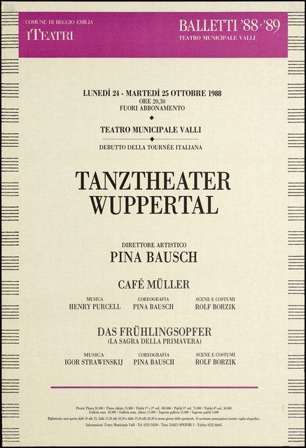 Plakat zu „Café Müller“ und „Das Frühlingsopfer“ von Pina Bausch in Reggio nell'Emilia, 24.10.1988–25.10.1988