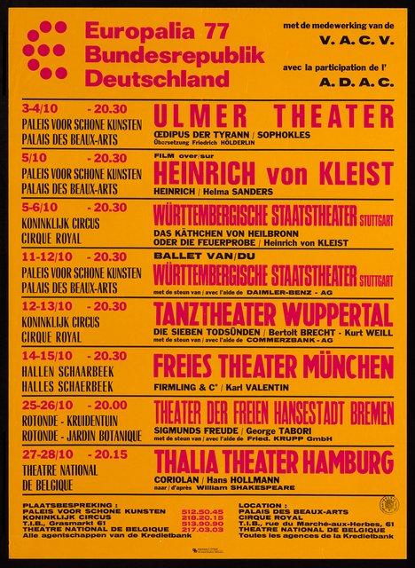 Affiche de « Les Sept Péchés capitaux » de Pina Bausch à Bruxelles, 12 oct. 1977 – 13 oct. 1977