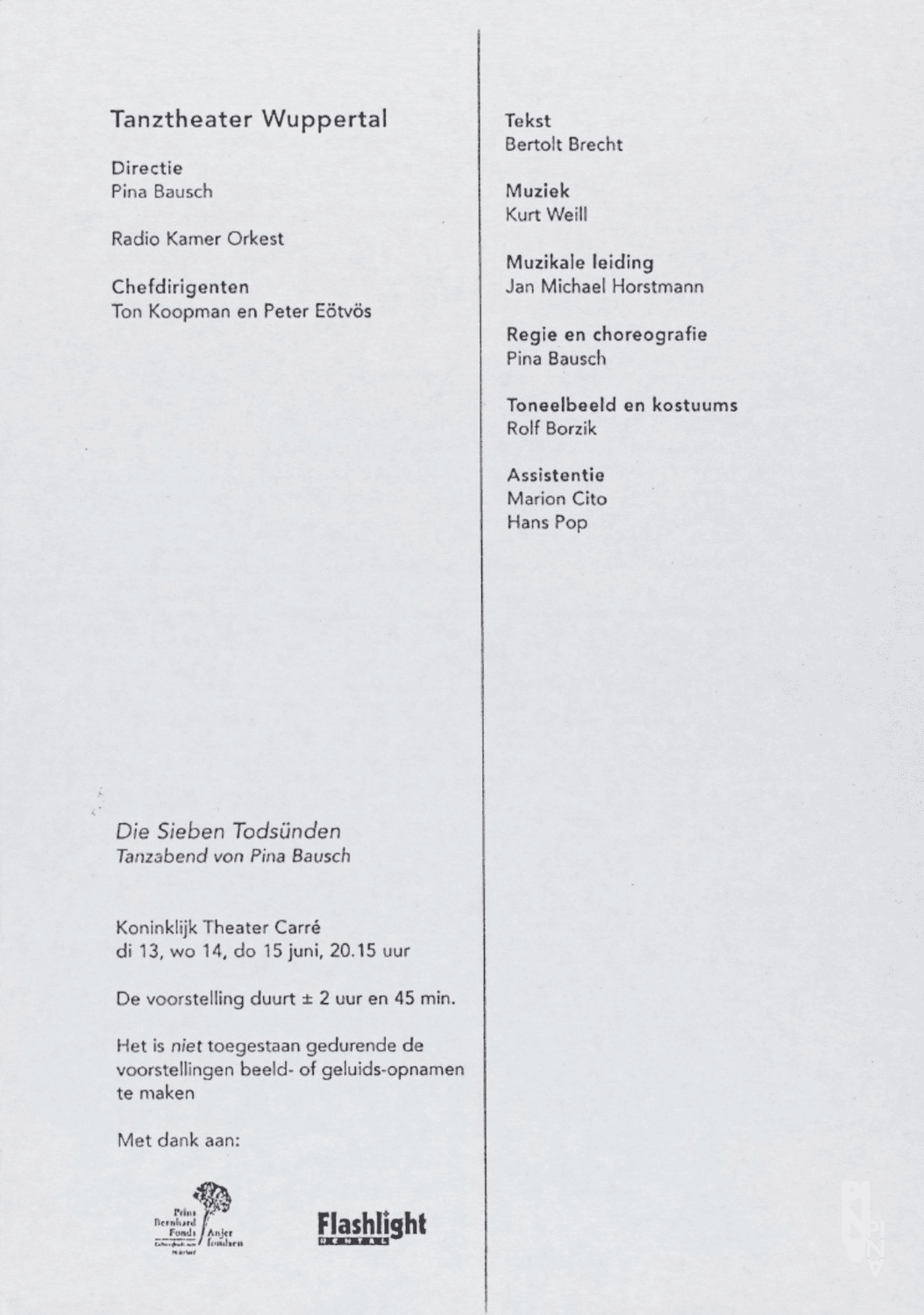 Evening leaflet for “The Seven Deadly Sins” by Pina Bausch with Tanztheater Wuppertal in in Amsterdam, 06/13/1995 – 06/15/1995
