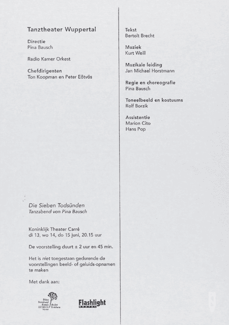 Abendzettel zu „Die sieben Todsünden“ von Pina Bausch mit Tanztheater Wuppertal in Amsterdam, 13.06.1995–15.06.1995