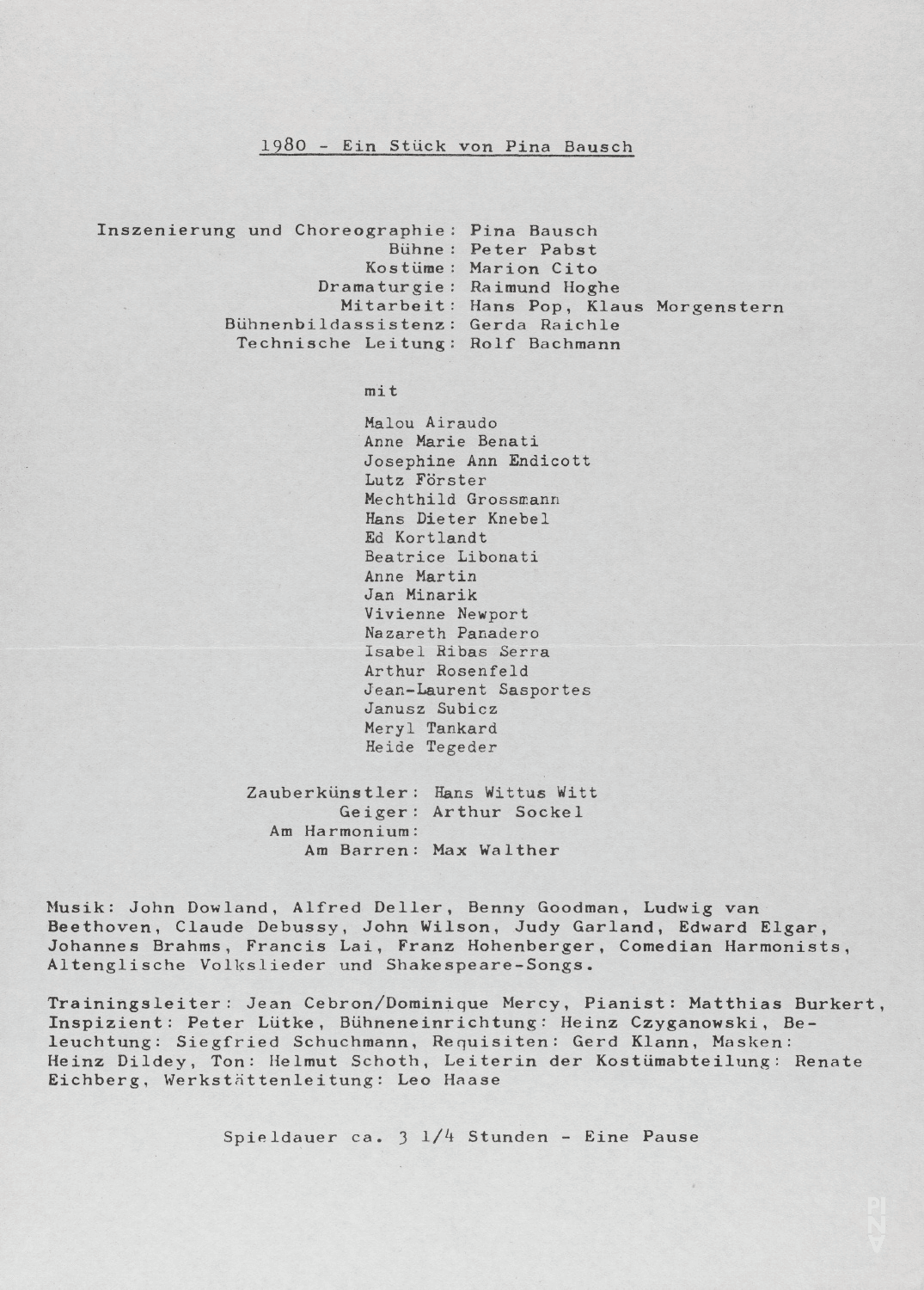 Abendzettel zu „1980 – Ein Stück von Pina Bausch“ von Pina Bausch in Wuppertal, Spielzeit 1979/80