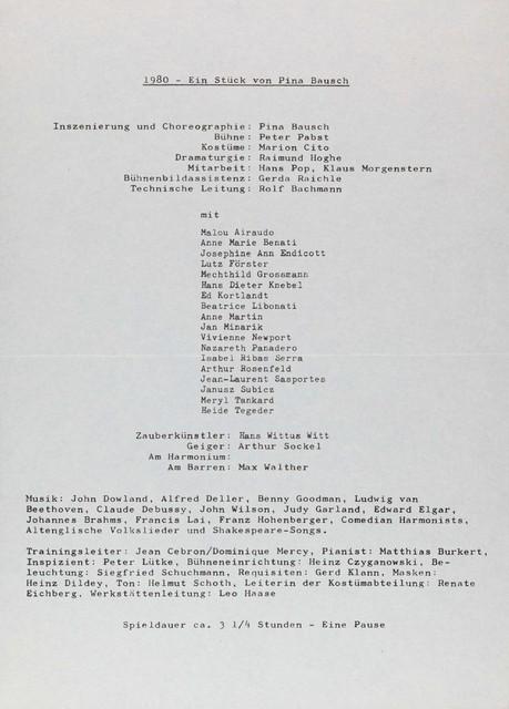 Programme pour « 1980 – Une pièce de Pina Bausch » de Pina Bausch avec Tanztheater Wuppertal à Wuppertal, 18 mai 1980
