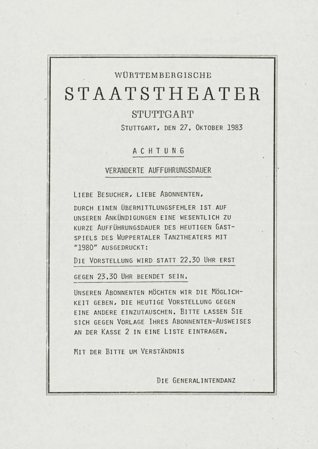 Annonce pour « 1980 – Une pièce de Pina Bausch » de Pina Bausch avec Tanztheater Wuppertal à Stuttgart, 27 octobre 1983