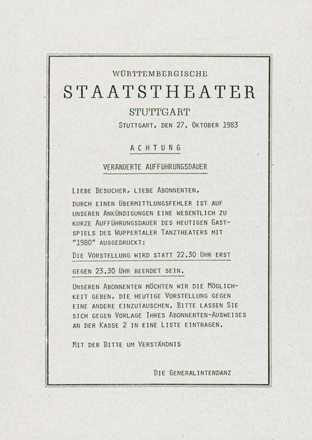 Announcement for “1980 – A Piece by Pina Bausch” by Pina Bausch with Tanztheater Wuppertal in in Stuttgart, Oct. 27, 1983