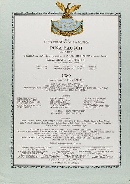 Evening leaflet for “1980 – A Piece by Pina Bausch” by Pina Bausch with Tanztheater Wuppertal in in Venice, 06/01/1985 – 06/02/1985