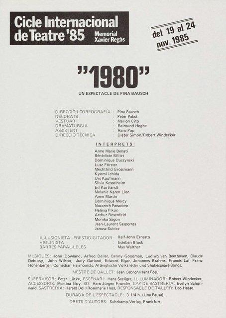 Programme pour « 1980 – Une pièce de Pina Bausch » de Pina Bausch avec Tanztheater Wuppertal à Barcelone, 19 nov. 1985 – 24 nov. 1985