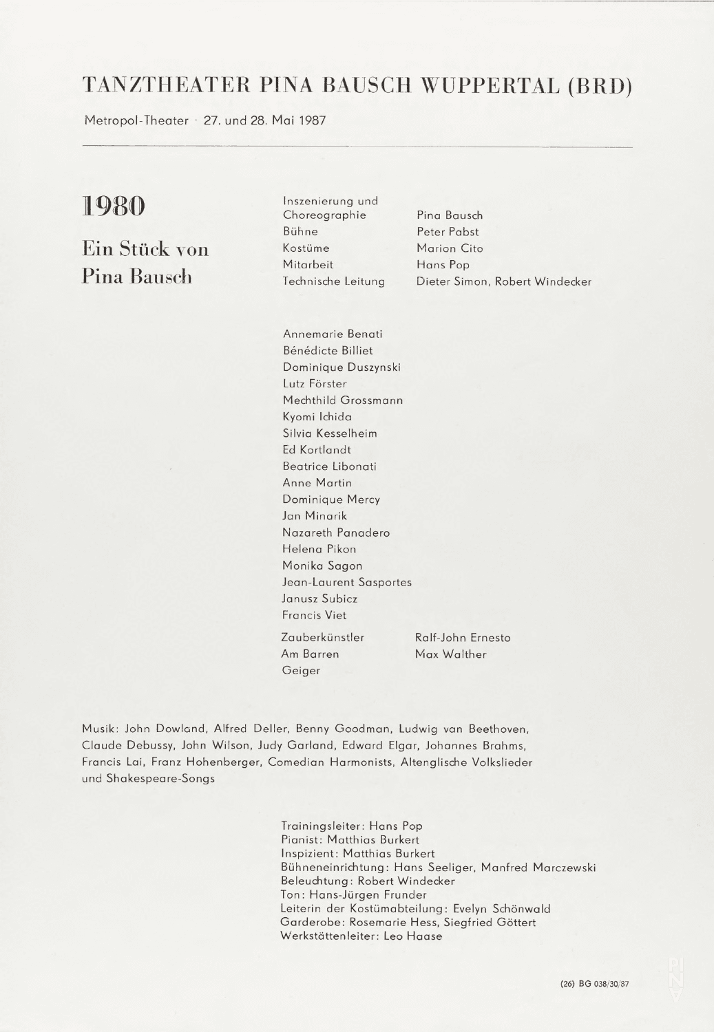 Abendzettel zu „1980 – Ein Stück von Pina Bausch“ von Pina Bausch mit Tanztheater Wuppertal in Berlin, 27.05.1987–28.05.1987