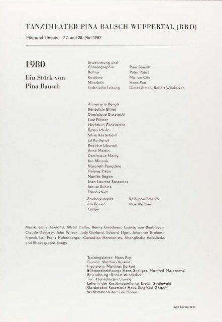 Programme pour « 1980 – Une pièce de Pina Bausch » de Pina Bausch avec Tanztheater Wuppertal à Berlin, 27 mai 1987 – 28 mai 1987