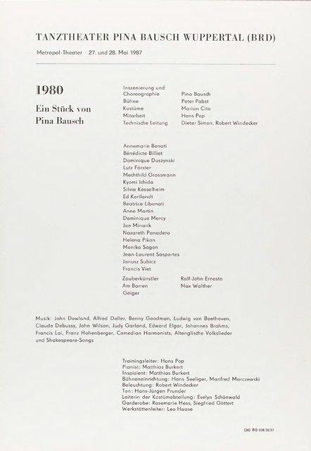 Evening leaflet for “1980 – A Piece by Pina Bausch” by Pina Bausch with Tanztheater Wuppertal in in Berlin, 05/27/1987 – 05/28/1987