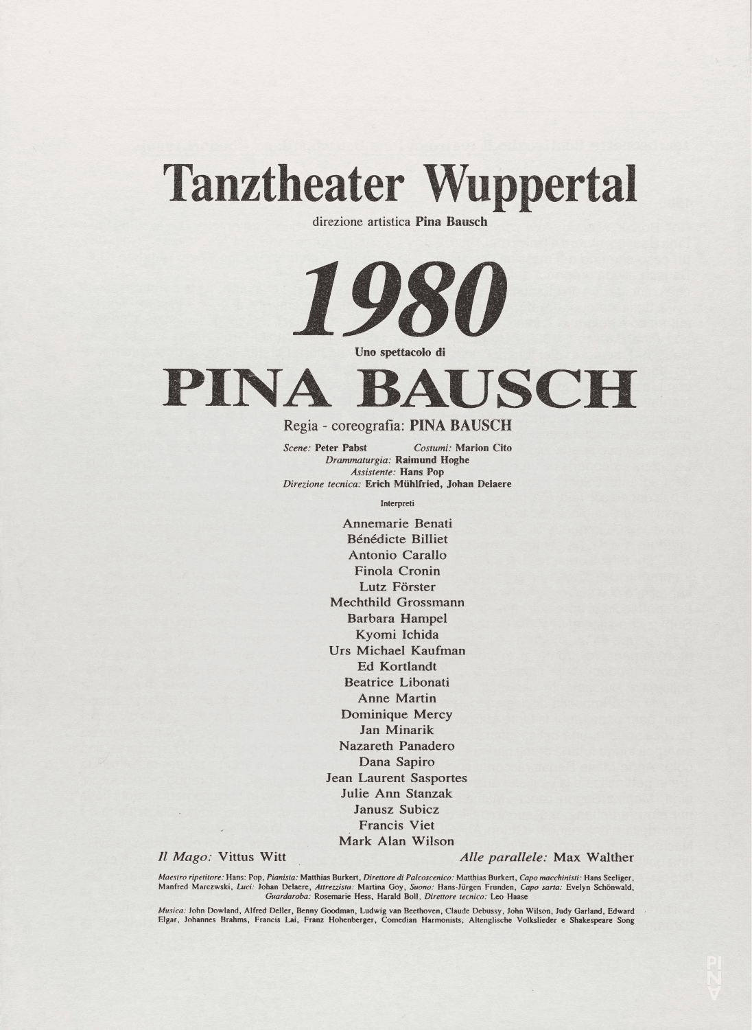 Programme pour « 1980 – Une pièce de Pina Bausch » de Pina Bausch avec Tanztheater Wuppertal à Bologne, 31 oct. 1988 – 1 nov. 1988
