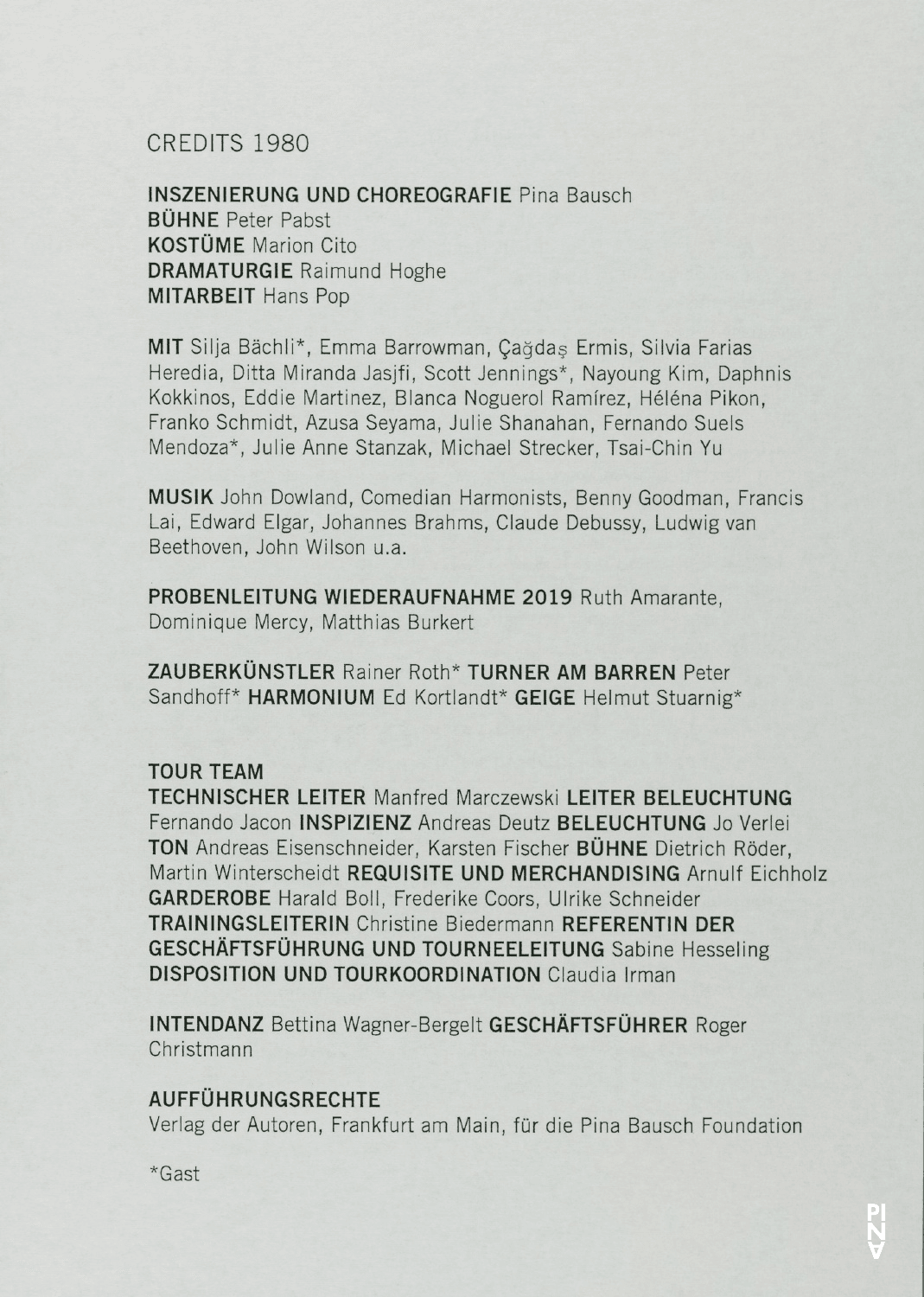 Programme pour « 1980 – Une pièce de Pina Bausch » de Pina Bausch à Hambourg, saison 2018/19