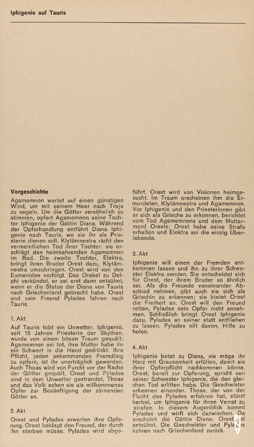 Evening leaflet for “Iphigenie auf Tauris” by Pina Bausch in in Wuppertal, season 1973/74