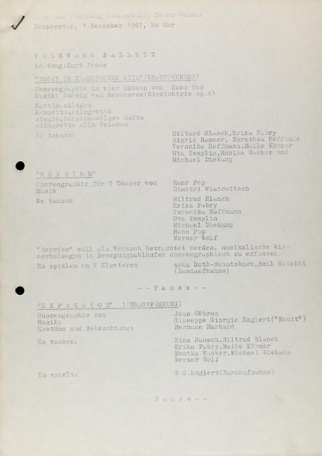 Programme pour « Fragment » de Pina Bausch, « Essay im klassischen Stil » de Hans Pop, « Expansion I » de Jean Cébron et « Ikarus » de Lucas Hoving à Essen, 7 décembre 1967