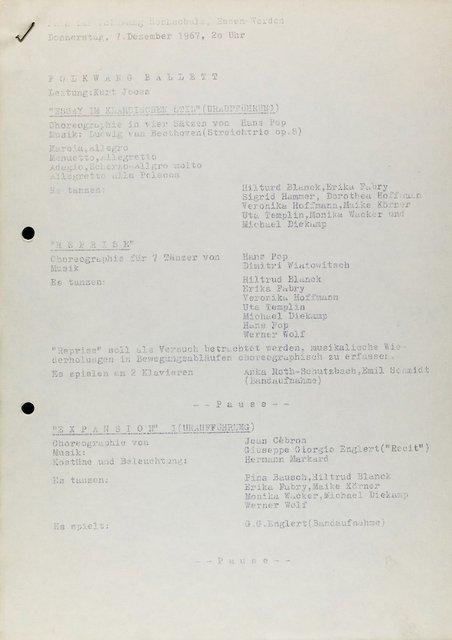 Programme pour « Fragment » de Pina Bausch avec Folkwangballett, « Essay im klassischen Stil » de Hans Pop, « Expansion I » de Jean Cébron et « Icarus » de Lucas Hoving à Essen, 7 décembre 1967