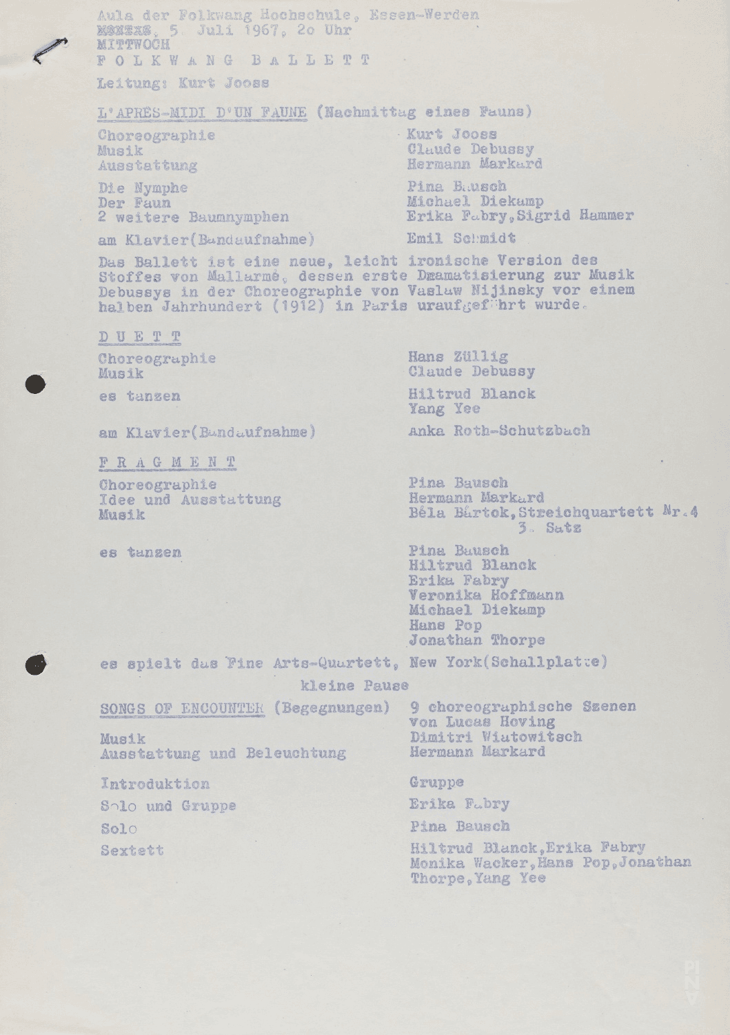 Programme pour « Fragment » de Pina Bausch avec Folkwangballett, « L'après-midi d'un faune » et « La table verte » de Kurt Jooss avec Folkwangballett et « Songs of Encounter » de Lucas Hoving avec Folkwangballett à Essen, 5 juillet 1967