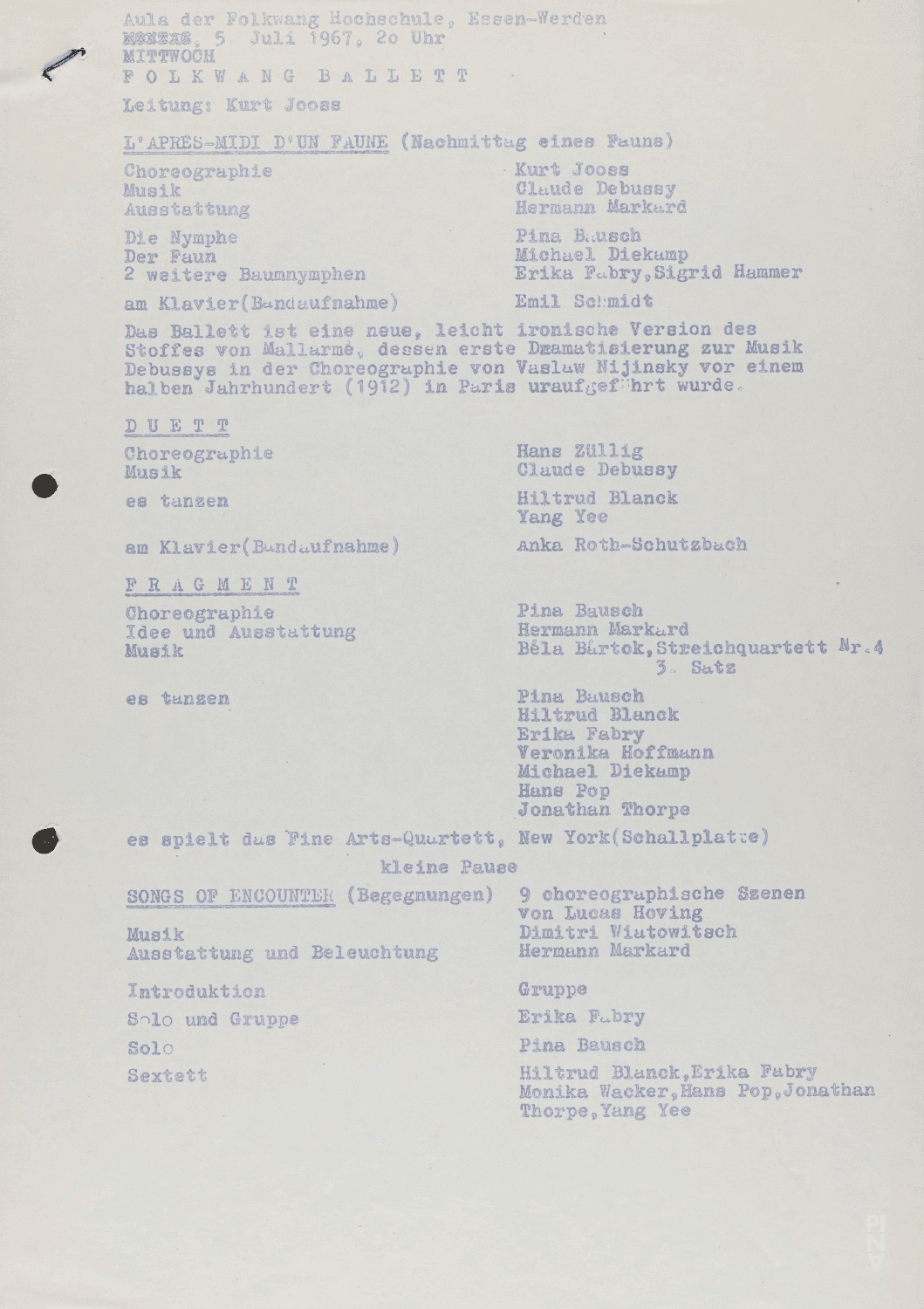 Evening leaflet for “Fragment” by Pina Bausch with Folkwangballett, “L'après-midi  d'un faune” and “The green Table” by Kurt Jooss with Folkwangballett and “Songs of Encounter” by Lucas Hoving with Folkwangballett in in Essen, July 5, 1967