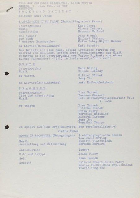 Programme pour « Fragment » de Pina Bausch avec Folkwangballett, « L'après-midi d'un faune » et « La table verte » de Kurt Jooss avec Folkwangballett et « Songs of Encounter » de Lucas Hoving avec Folkwangballett à Essen, 5 juillet 1967