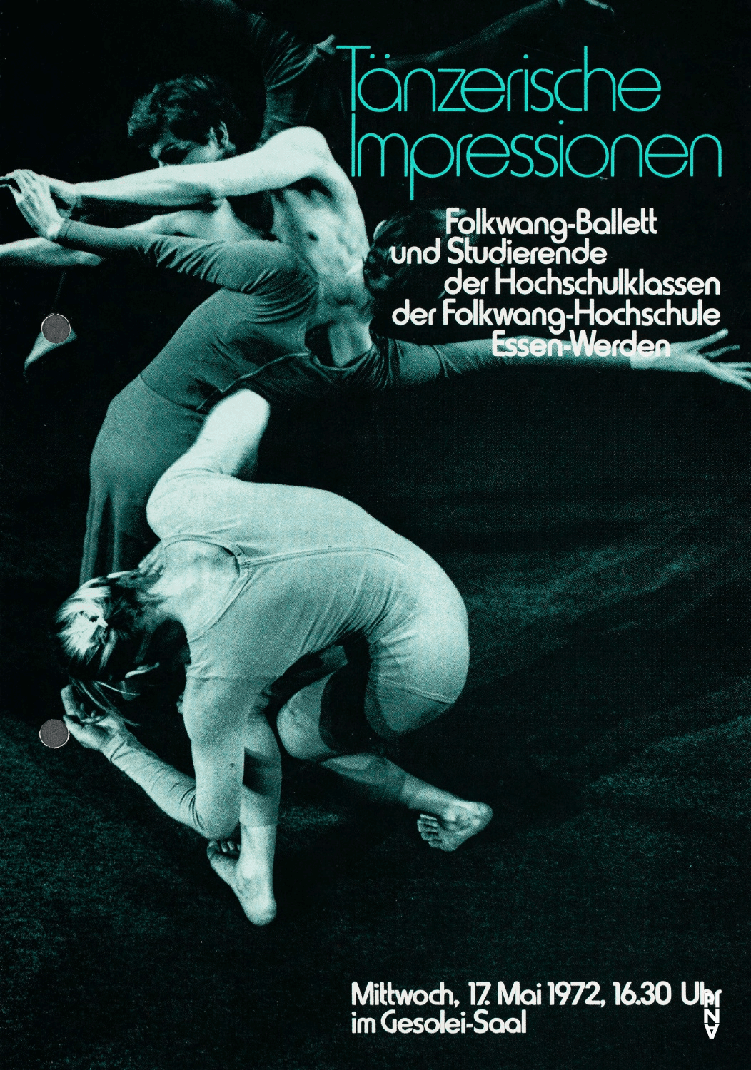 Evening leaflet for “Model für ein Mobile” by Jean Cébron, “PHILIPS 836 887 DSY” by Pina Bausch with Solo, “Aktionen für Tänzer” by Pina Bausch with Folkwangballett and “Aktionen für Tänzer” by Ivan Sertić with Ballett der Wuppertaler Bühnen in in Düsseldorf, May 17, 1972