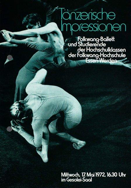 Abendzettel zu „Model für ein Mobile“ von Jean Cébron, „PHILIPS 836 887 DSY“ von Pina Bausch mit Solo, „Aktionen für Tänzer“ von Pina Bausch mit Folkwangballett und „Aktionen für Tänzer“ von Ivan Sertić mit Ballett der Wuppertaler Bühnen in Düsseldorf, 17. Mai 1972