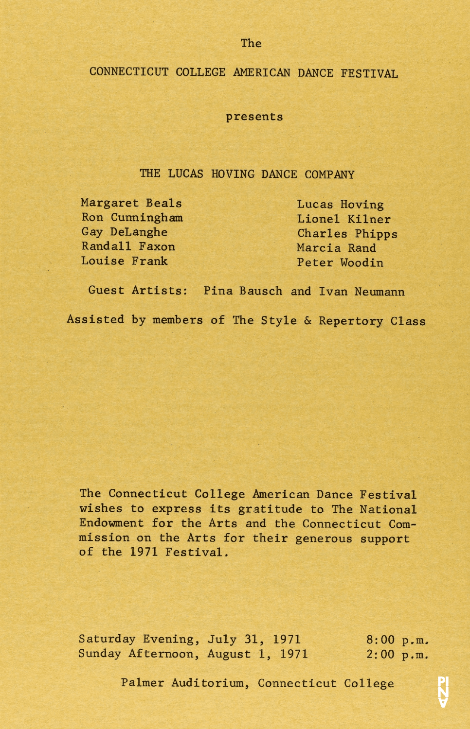 Evening leaflet for “Zip Code”, “Icarus”, “Satiana” and “Assemblange” by Lucas Hoving and “Recueil” by Jean Cébron in in New London, 07/31/1971 – 08/01/1971