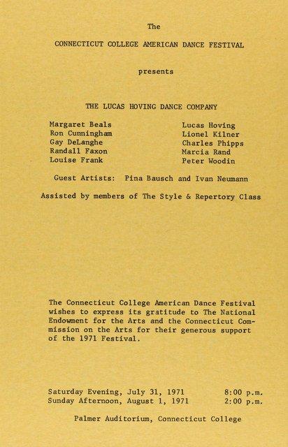 Programme pour « Zip Code », « Icarus », « Satiana » et « Assemblange » de Lucas Hoving et « Recueil » de Jean Cébron à New London, 31 juil. 1971 – 1 août 1971