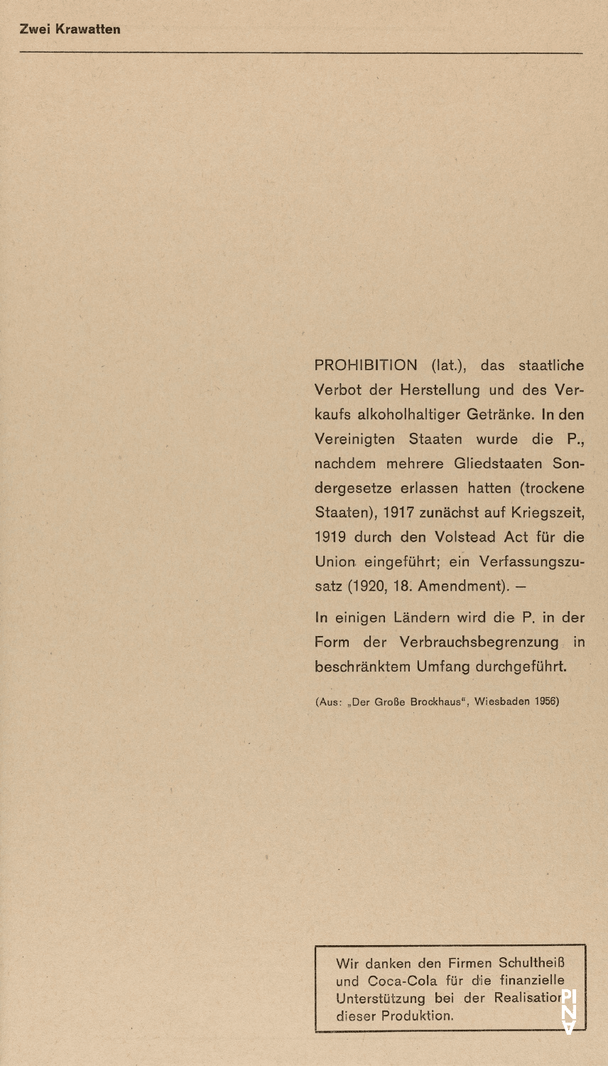 Abendzettel zu „Zwei Krawatten“ von Pina Bausch mit Tanztheater Wuppertal in Wuppertal, 31. Mai 1974