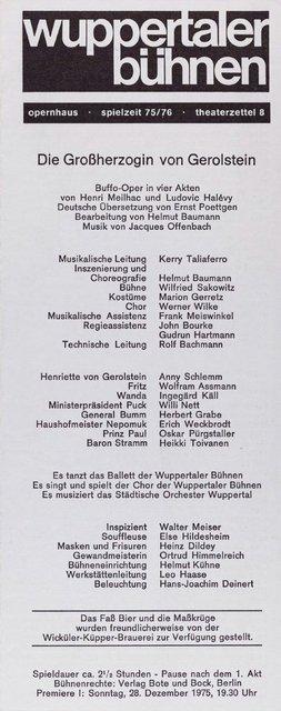 Evening leaflet for performances in in Wuppertal, season 1975/76