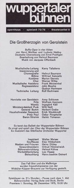 Programme pour les représentations à Wuppertal, saison 1975/76
