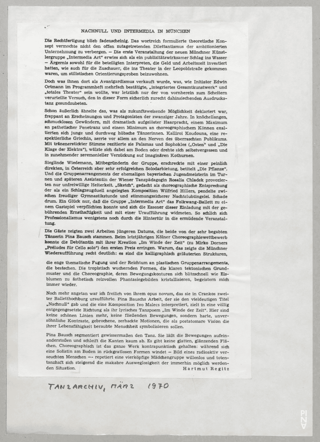 Nachnull und Intermedia in München – Hartmut Regitz, Tanzarchiv