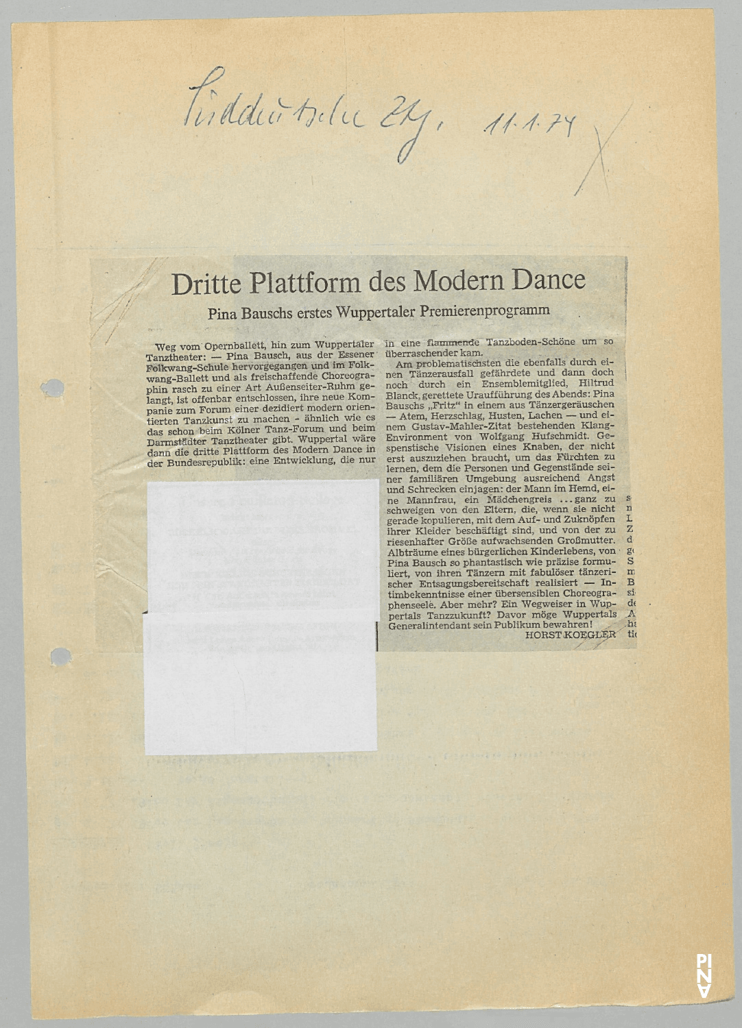 Dritte Plattform des Modern Dance – Horst Koegler, Süddeutsche Zeitung