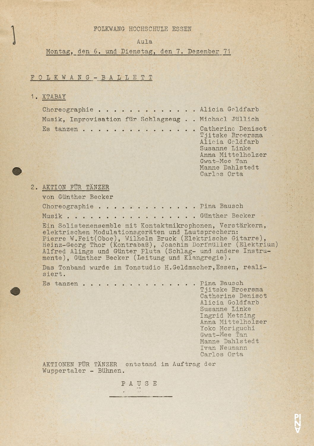 Programme pour « Aktionen für Tänzer » de Pina Bausch avec Folkwangballett, « Xtabay » de Alicia Goldfarb avec Folkwangballett et « Malade Imaginaire » de Gerhard Bohner avec Folkwangballett à Essen, 6 déc. 1971 – 7 déc. 1971