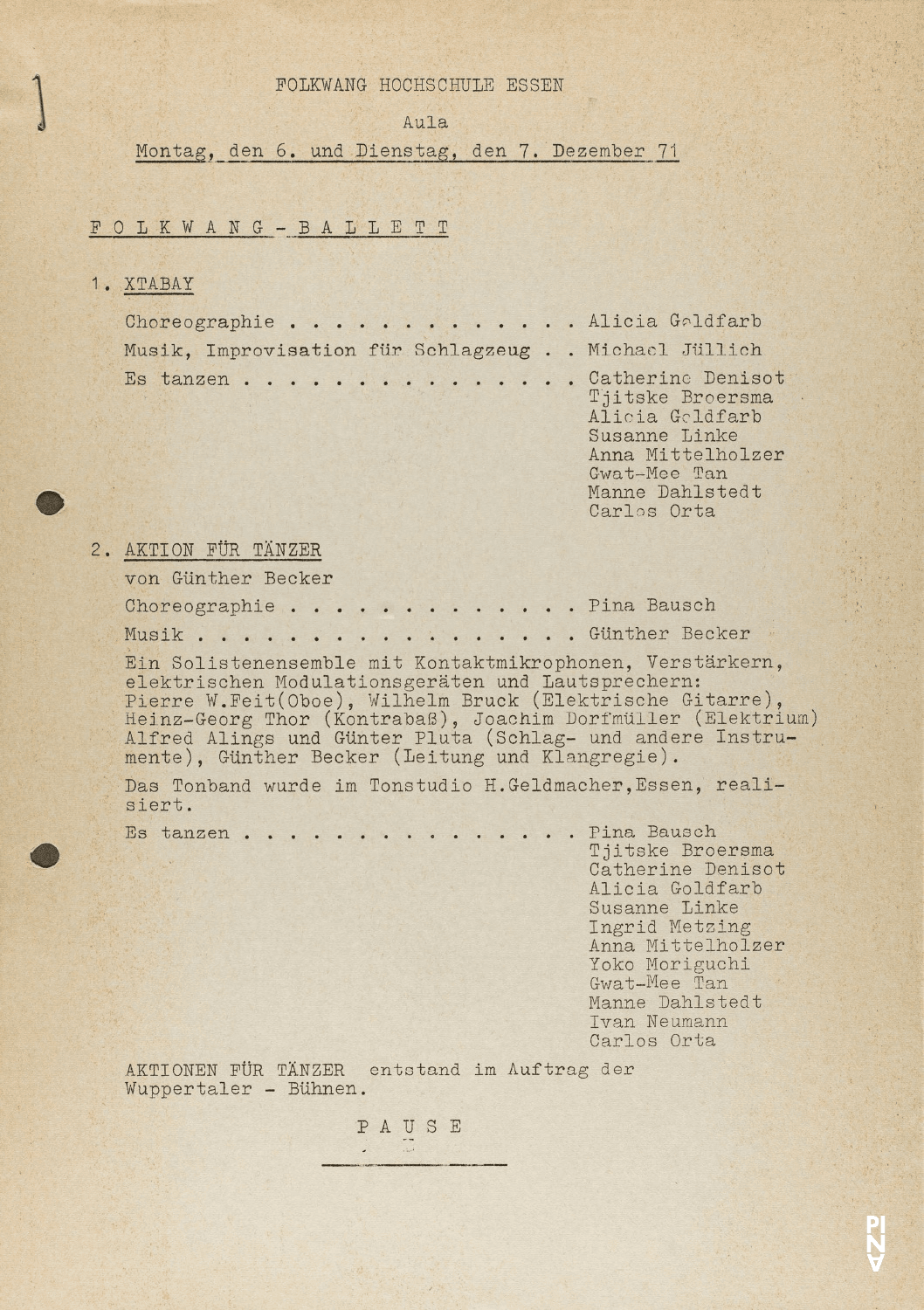 Evening leaflet for “Aktionen für Tänzer” by Pina Bausch with Folkwangballett, “Xtabay” by Alicia Goldfarb with Folkwangballett and “Malade Imaginaire” by Gerhard Bohner with Folkwangballett in in Essen, 12/06/1971 – 12/07/1971