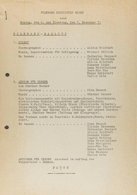 Evening leaflet for “Aktionen für Tänzer” by Pina Bausch with Folkwangballett, “Xtabay” by Alicia Goldfarb with Folkwangballett and “Malade Imaginaire” by Gerhard Bohner with Folkwangballett in in Essen, 12/06/1971 – 12/07/1971