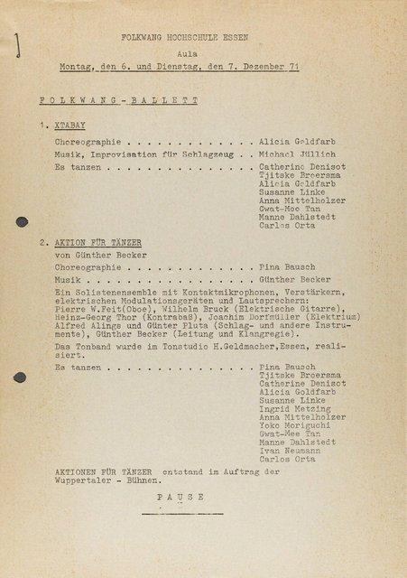 Programme pour « Aktionen für Tänzer » de Pina Bausch avec Folkwangballett, « Xtabay » de Alicia Goldfarb avec Folkwangballett et « Malade Imaginaire » de Gerhard Bohner avec Folkwangballett à Essen, 6 déc. 1971 – 7 déc. 1971