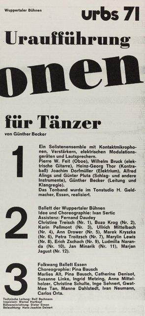 Programmheft zu „Aktionen für Tänzer“ von Pina Bausch mit Folkwangballett und „Aktionen für Tänzer“ von Ivan Sertić mit Ballett der Wuppertaler Bühnen in Wuppertal, 12. Juni 1971