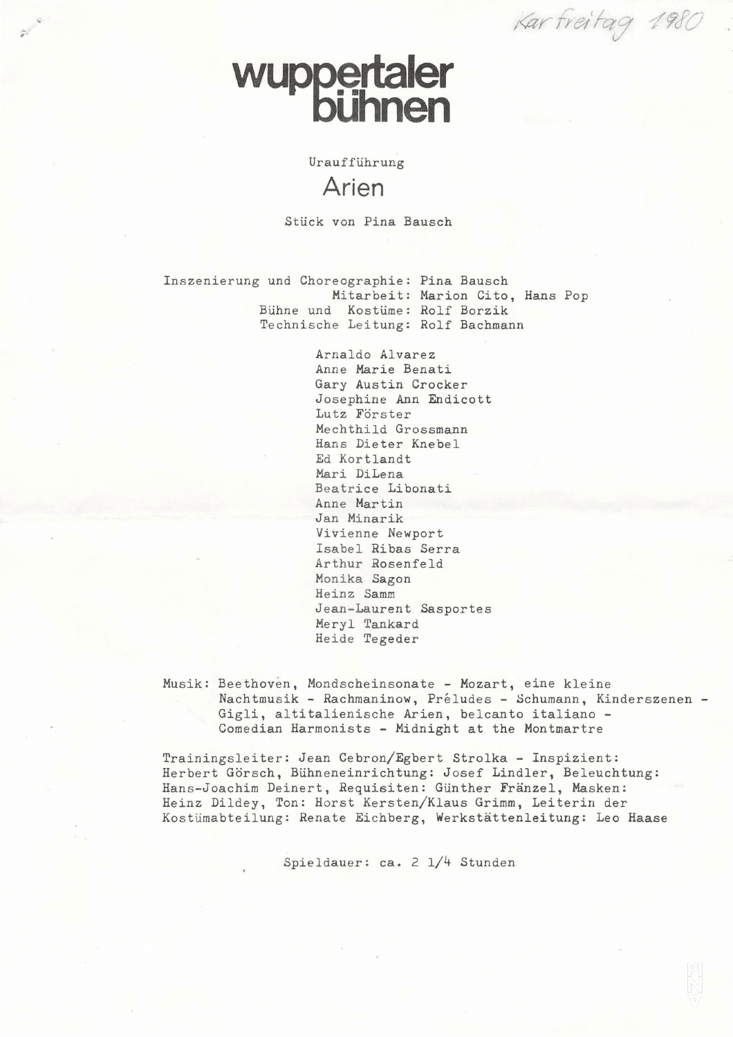 Abendzettel zu „Arien“ von Pina Bausch mit Tanztheater Wuppertal in Wuppertal, 12. Mai 1979