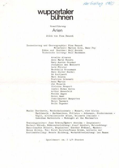 Evening leaflet for “Arien” by Pina Bausch with Tanztheater Wuppertal in in Wuppertal, May 12, 1979
