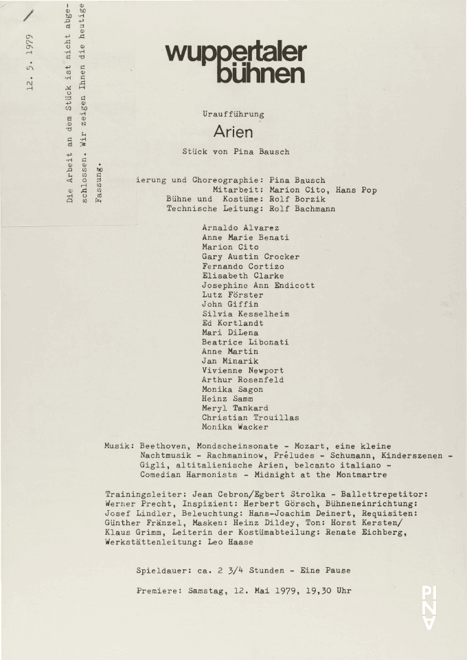 Programme pour « Arien » de Pina Bausch avec Tanztheater Wuppertal à Wuppertal, 12 mai 1979