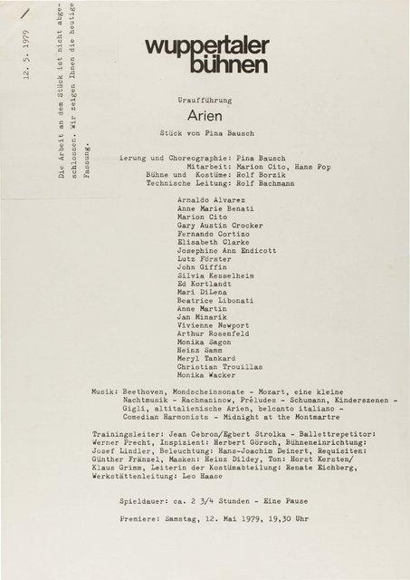 Abendzettel zu „Arien“ von Pina Bausch mit Tanztheater Wuppertal in Wuppertal, 12. Mai 1979