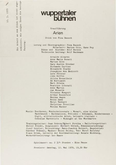 Abendzettel zu „Arien“ von Pina Bausch mit Tanztheater Wuppertal in Wuppertal, 12. Mai 1979