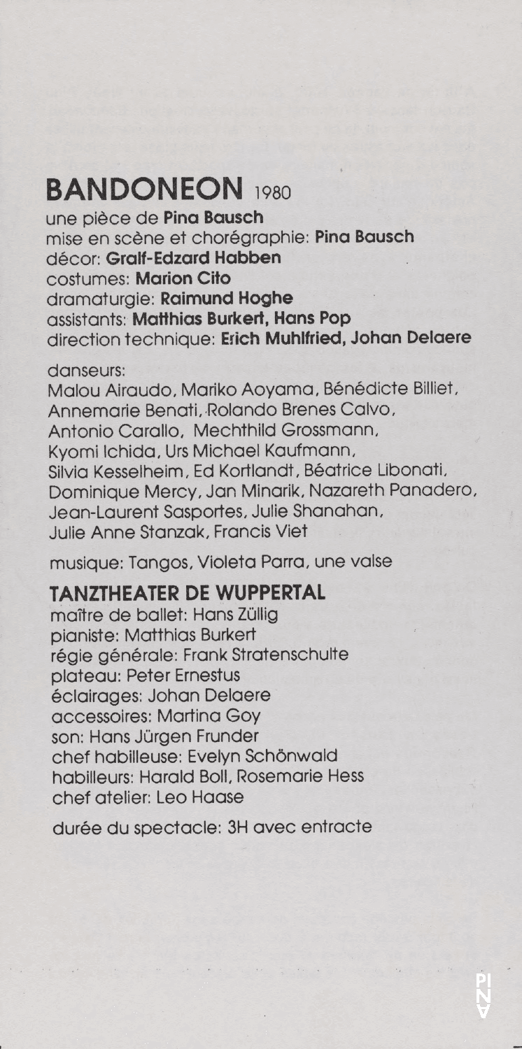 Evening leaflet for “Bandoneon” by Pina Bausch with Tanztheater Wuppertal in in Paris, 06/24/1989 – 06/26/1989