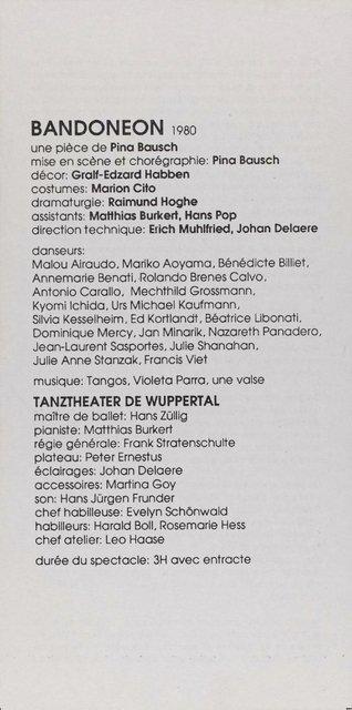 Abendzettel zu „Bandoneon“ von Pina Bausch mit Tanztheater Wuppertal in Paris, 24.06.1989–26.06.1989