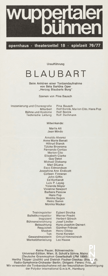 Booklet for “Bluebeard. While Listening to a Tape Recording of Béla Bartók's Opera "Duke Bluebeard's Castle"” by Pina Bausch with Tanztheater Wuppertal in in Wuppertal, Jan. 8, 1977