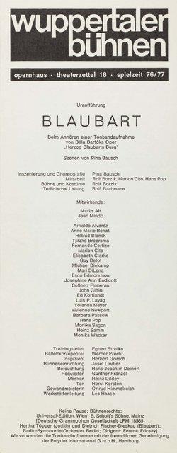 Programmheft zu „Blaubart.  Beim Anhören einer Tonbandaufnahme von Béla Bartóks Oper »Herzog Blaubarts Burg«“ von Pina Bausch mit Tanztheater Wuppertal in Wuppertal, 8. Januar 1977