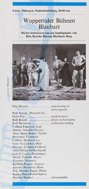 Programme pour « Barbe-Bleue. En écoutant un enregistrement sur bande magnétique de l’opéra de Béla Bartók « Le Château de Barbe-Bleue » » de Pina Bausch avec Tanztheater Wuppertal à Nijmegen, 4 juin 1978