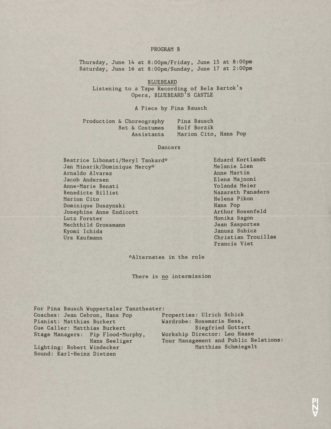 Programme pour « Barbe-Bleue. En écoutant un enregistrement sur bande magnétique de l’opéra de Béla Bartók « Le Château de Barbe-Bleue » » de Pina Bausch avec Tanztheater Wuppertal à New York, 14 juin 1984 – 17 juin 1984
